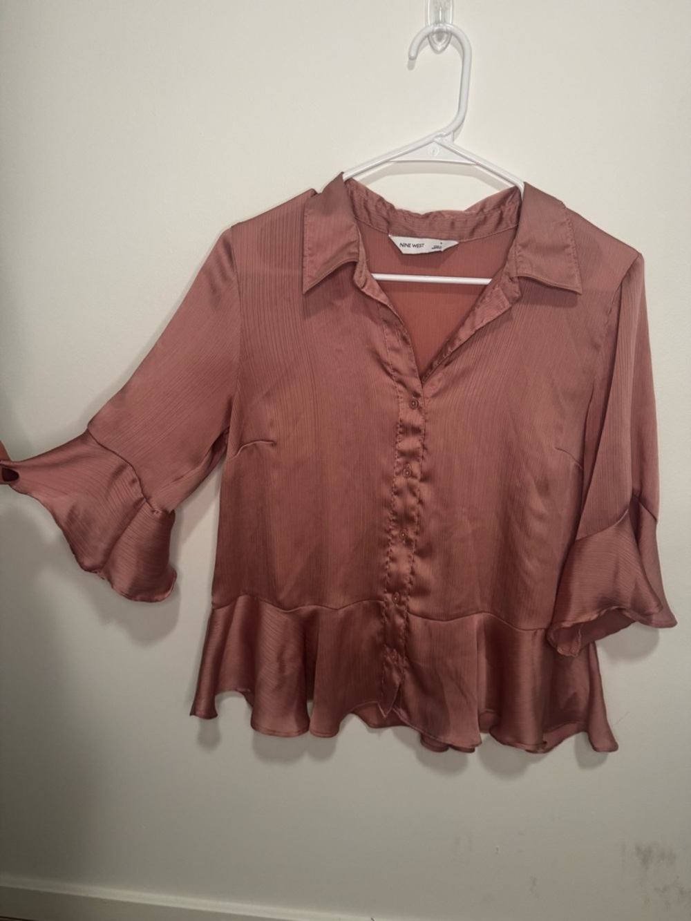 Nine West Dusty Rose Satin Ruffle Button-Down Blouse
